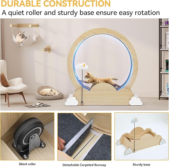 DWVO 37in Cat Exercise Wheel for Indoor Cats with Locking Mechanism, Natural Solid Wood Sturdy Cat Treadmill Wheel with Detachable Carpet, Suitable for Most Cats - PAWPICO