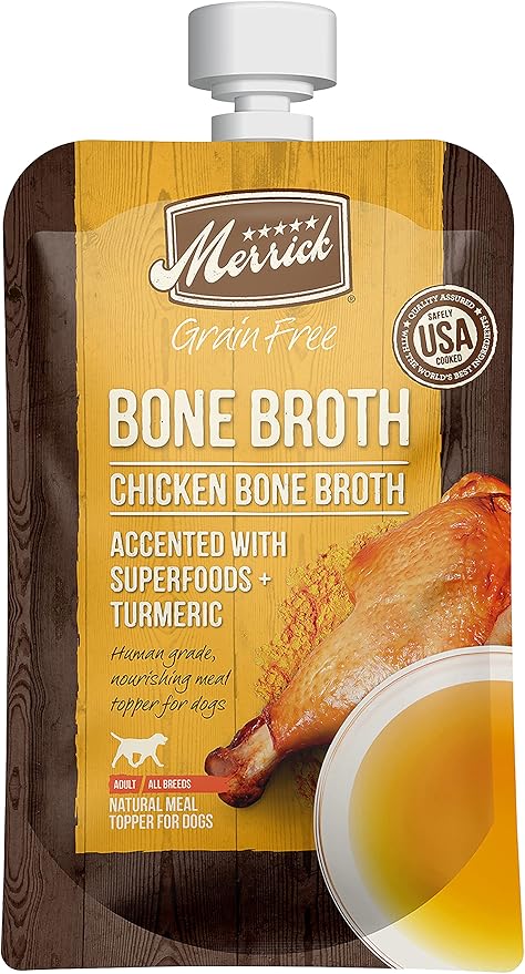Merrick Grain Free Bone Broth, Premium Human Grade And Gluten Free Dog And Cat Food Topper Pouches, Chicken - 7 oz. Pouch - PAWPICO