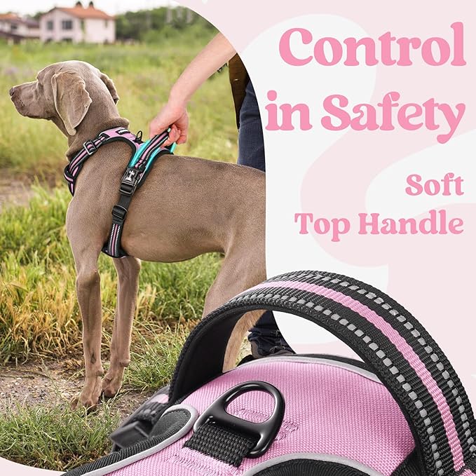 rabbitgoo Dog Harness for Large, No Pull Pet Harness with 3 Buckles, Adjustable Soft Padded Pooch Vest with Instant Control Handle, Easy Walking Reflective Pet Vest for Large Dogs, Pink, L rabbitgoo
