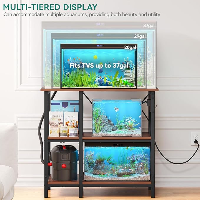 YITAHOME 10-29-37 Gallon Fish Tank Stand with Power Outlet, 30x16 Inch Metal Aquarium Stand with 3-Tier Adjustable Storage Shelves and Hooks, 450LBS Capacity, Rustic Brown YITAHOME