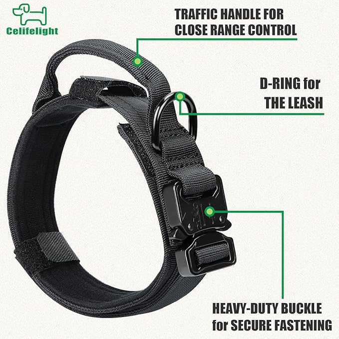 Tactical Dog Collar Military Dog Collar Adjustable Nylon Dog Collar Heavy Duty Metal Buckle with Handle for Dog Training,with Patches (M, Black) Celifelight