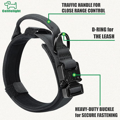 Tactical Dog Collar Military Dog Collar Adjustable Nylon Dog Collar Heavy Duty Metal Buckle with Handle for Dog Training,with Patches (M, Black) Celifelight