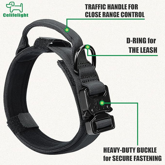 Tactical Dog Collar Military Dog Collar Adjustable Nylon Dog Collar Heavy Duty Metal Buckle with Handle for Dog Training,with Patches (M, Black) Celifelight