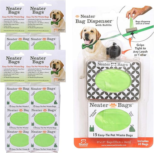 Neater Bags - Dog Waste Poop Bags with Easy-tie Handles (not on Rolls) - Includes Dispenser (210 Bags, Black & White Diamond Dispenser) - PAWPICO