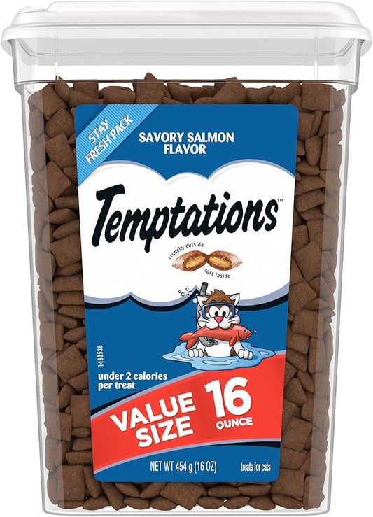 TEMPTATIONS Classic Crunchy and Soft Cat Treats Savory Salmon Flavor, 16 oz. Tub Temptations