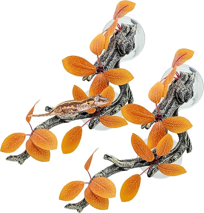 Fhiny Snake Climbing Branch, 2 PCS Resin Reptile Branches for Climbing with Suction Cups Reptile Tank Decor Accessories Frog Terrarium Plants for Corn Snake Frog Bearded Dragon Lizard Gecko Fhiny