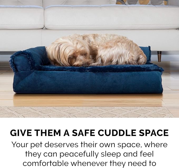 Furhaven Orthopedic Dog Bed for Large/Medium Dogs w/ Removable Bolsters & Washable Cover, For Dogs Up to 55 lbs - Plush & Velvet L Shaped Chaise - Deep Sapphire, Large - PAWPICO
