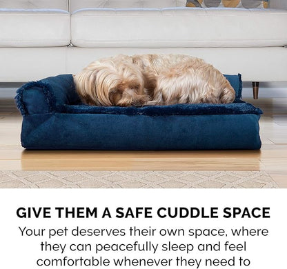 Furhaven Orthopedic Dog Bed for Large/Medium Dogs w/ Removable Bolsters & Washable Cover, For Dogs Up to 55 lbs - Plush & Velvet L Shaped Chaise - Deep Sapphire, Large - PAWPICO