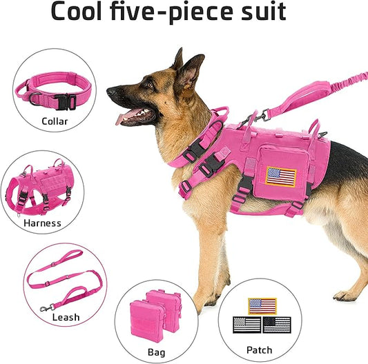 Forestpaw Pink Tactical Dog Harness for Large Dogs,Tactical Dog Collar with Bungee Leash Set,No Pull Military Dog Harness for Dog Walking Training,Adjustable for Medium Large Dogs,M Forestpaw