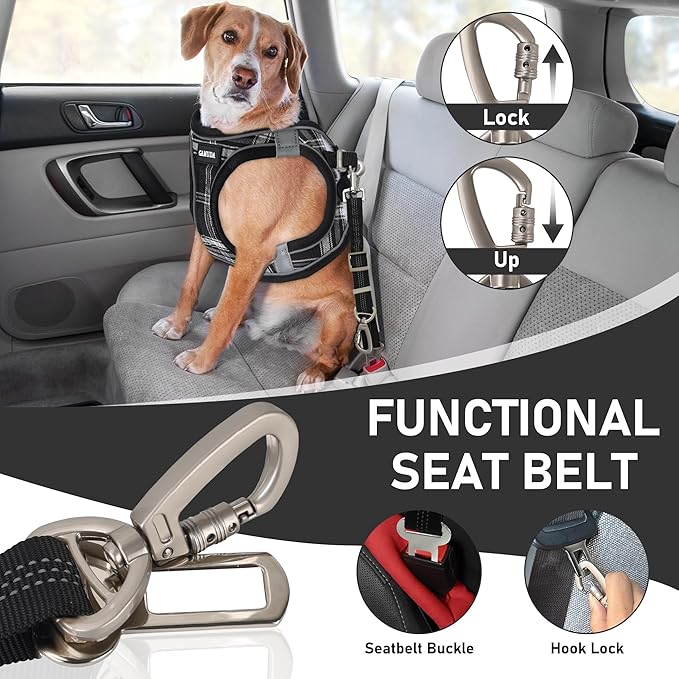 GAMUDA Dog Harness, Collar and Seat Belt Set, Vehicle Safety Harness, Retractable Adjustable Pet Seatbelts with Travel Strap and Carabiner for Most Cars (Black, S) GAMUDACollarsCollection