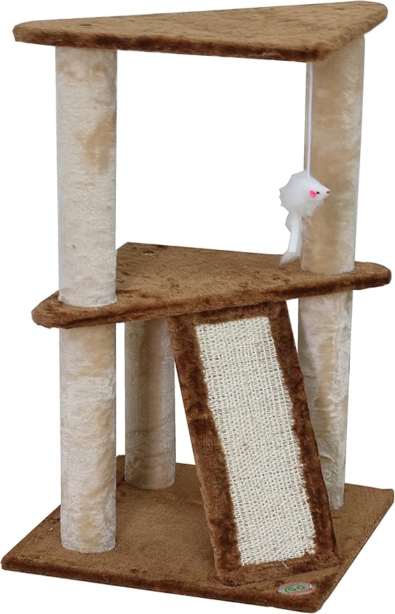 Go Pet Club Everyday Value 35in Corner Cat Tree Kitty Scratcher Tower Kitten Condo House Furniture with Scratching Board & Hanging Toys for Indoor Cats, Beige/Brown - PAWPICO