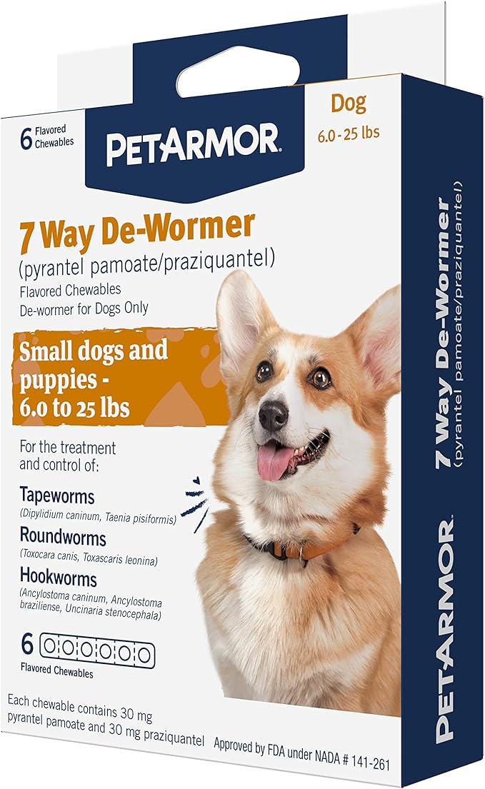 PetArmor 7 Way De-Wormer for Dogs, Oral Treatment for Tapeworm, Roundworm & Hookworm in Small Dogs & Puppies (6-25 lbs), Worm Remover (Praziquantel & Pyrantel Pamoate), 6 Flavored Chewables PetArmor