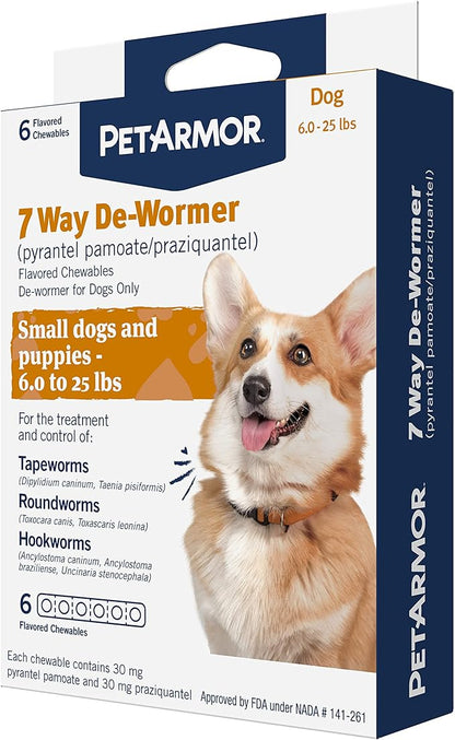 PetArmor 7 Way De-Wormer for Dogs, Oral Treatment for Tapeworm, Roundworm & Hookworm in Small Dogs & Puppies (6-25 lbs), Worm Remover (Praziquantel & Pyrantel Pamoate), 6 Flavored Chewables PetArmor