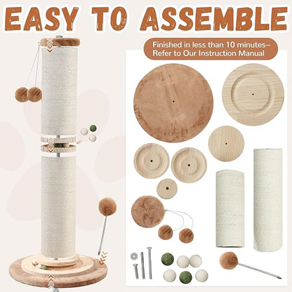 OTOB 32" Tall Cat Scratching Post, 4.3Inch Large Diameter Natural Sisal Rope Scratcher Post for Indoor Large Cats Kittens, 5-in-1 Interactive Turntable Cat Scratch Post (Brown, B-33Inch) - PAWPICO