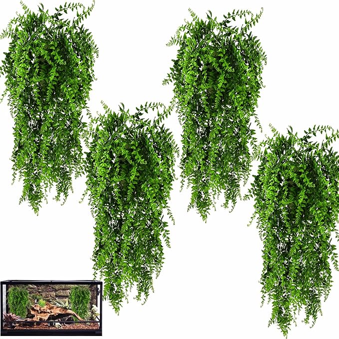 HERCOCCI 4 Pack Reptile Plants, Terrarium Hanging Plants Vines Artificial Leaves Habitat Decorations with Suction Cup for Bearded Dragon Hermit Crab Lizard Snake Geckos Chameleon HERCOCCI