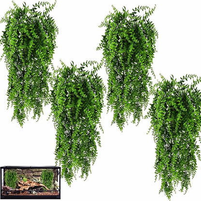 HERCOCCI 4 Pack Reptile Plants, Terrarium Hanging Plants Vines Artificial Leaves Habitat Decorations with Suction Cup for Bearded Dragon Hermit Crab Lizard Snake Geckos Chameleon HERCOCCI