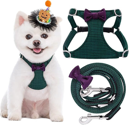 Puppytie No Pull Small Dog Harness with Multifunction Dog Leash,Lightweight Soft Adjustable No Choke Escape Proof Pet Harness Vest Pet Harness Vest,Plaid Green,S Puppytie