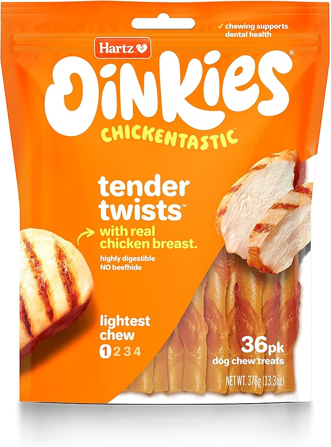 Hartz Oinkies Tender Twists with Real Chicken Breast Rawhide-Free Dog Treats, Highly Digestible Dog Chews, 36 Count - PAWPICO