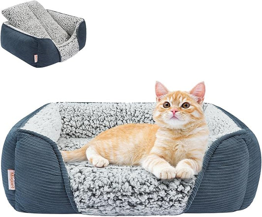 Miguel Washable Cat Beds for Indoor Cats with Removable Cushion, Easy to Wash Small Pet Sofa Bed with Side, Rectangle Bolster Kitten Bed Calming Cuddle Puppy Bed with Anti-Slip Bottom, Blue 20 Inch - PAWPICO