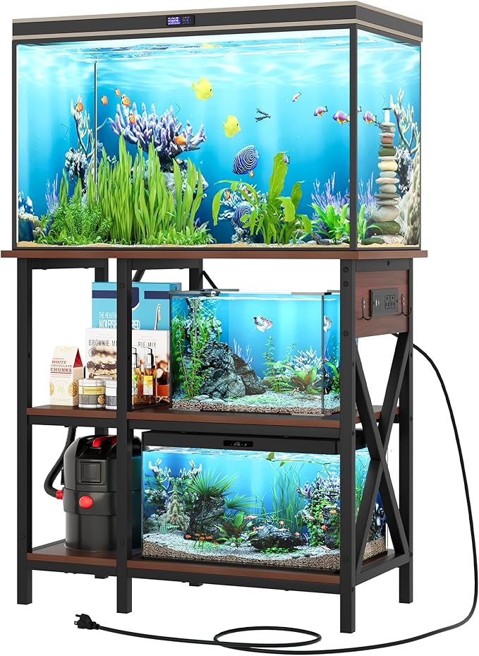 YITAHOME 10-29-37 Gallon Fish Tank Stand with Power Outlet, 30x16 Inch Metal Aquarium Stand with 3-Tier Adjustable Storage Shelves and Hooks, 450LBS Capacity, Rustic Brown YITAHOME