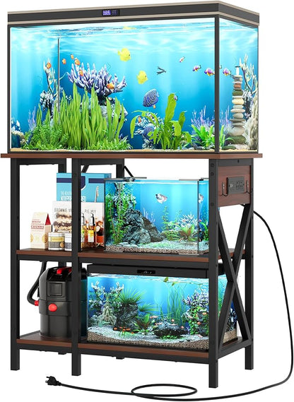 YITAHOME 10-29-37 Gallon Fish Tank Stand with Power Outlet, 30x16 Inch Metal Aquarium Stand with 3-Tier Adjustable Storage Shelves and Hooks, 450LBS Capacity, Rustic Brown YITAHOME