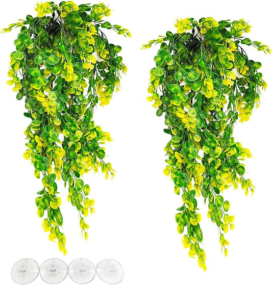 Hamiledyi Reptile Plants Hanging Terrarium Plants Artificial Leaves Habitat Decorations with Suction Cup Green and Yellow Fake Amphibian Plants for Bearded Dragon Lizard Geckos Chameleon（2 Pack） Hamiledyi
