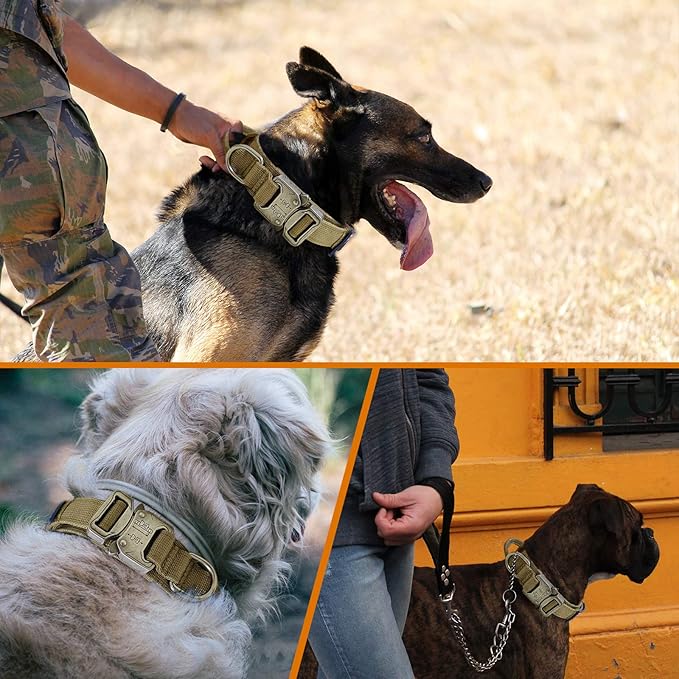 Tactical Dog Collar Military Dog Collar Adjustable Nylon Dog Collar Heavy Duty Metal Buckle with Handle for Dog Training,with Patches (Brown, M) Celifelight