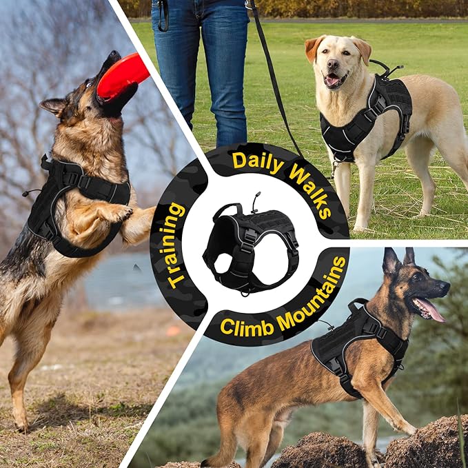 WINGOIN Black Tactical Dog Harness for Large Dogs No Pull Adjustable Reflective Military Pet Harness with Easy Control Handle with Hook & Loop Panels for Walking Hiking Training(XL) - PAWPICO