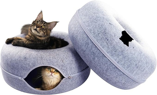 CATTASAURUS Peekaboo Cat Cave for Multiple & Large Cats Up to 30-45 Lbs, Scratch Detachable & Washable Tunnel Bed, Comfy Donut Cat Cave (Ligt Gray + Light Gray, Large (Bundle)) - PAWPICO