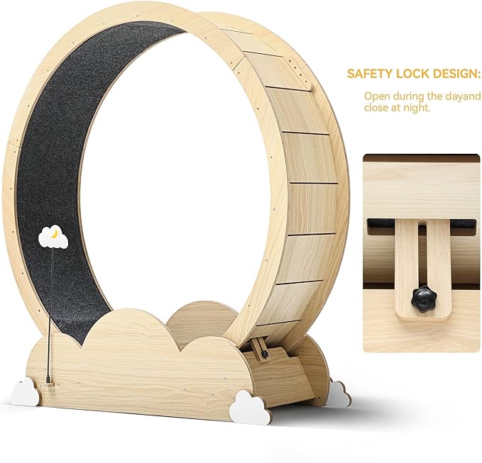 DWVO 37in Cat Exercise Wheel for Indoor Cats with Locking Mechanism, Natural Solid Wood Sturdy Cat Treadmill Wheel with Detachable Carpet, Suitable for Most Cats - PAWPICO