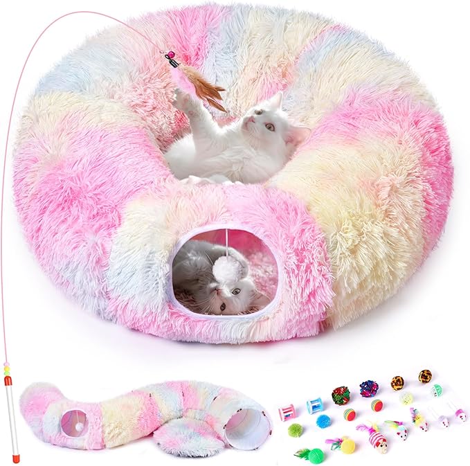 Odoland Cat Tunnels for Indoor Cats with Fluffy Plush Central Cat Couch and 20 Cat Toys, Tunnel Bed for Cats with Hanging Ball, Detachable Soft Mat and Variety Kitty Toy Set, Pink - PAWPICO