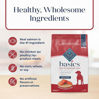 Blue Buffalo Basics Adult Dry Dog Food for Skin & Stomach Care, Limited Ingredient Diet, Made in the USA with Natural Ingredients, Salmon & Potato Recipe, 11-lb. Bag - PAWPICO