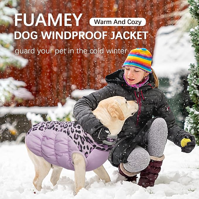 FUAMEY Dog Winter Coat,Dog Cold Weather Coats Dog Jackets with Zipper on Back with Harness Built in Dog Paded Vest Water Resistant Reflective Jacket for Small Medium Large Dogs Purple Leopard XXXL - PAWPICO