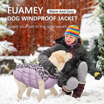FUAMEY Dog Winter Coat,Dog Cold Weather Coats Dog Jackets with Zipper on Back with Harness Built in Dog Paded Vest Water Resistant Reflective Jacket for Small Medium Large Dogs Purple Leopard XXXL - PAWPICO