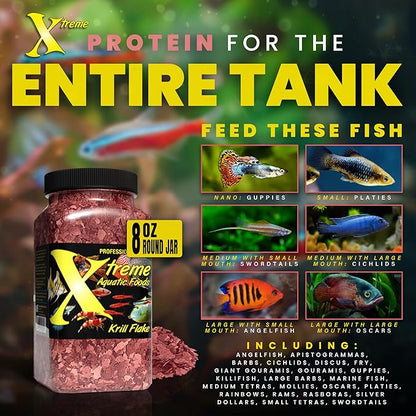 Xtreme Krill Flakes - Premium Max Protein Freshwater Fish Food with 100% Krill and Shrimp, & Vitamins for Optimal Immune and Digestive Health, Boosts Color & Energy – USA Farm Grown (8oz) XtremeAquaticFoods