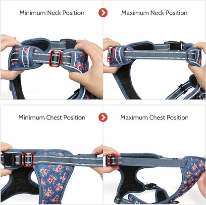 Timos Dog Harness, No Pull Dog Harness 3 Snap Buckles Adjustable Reflective No Choke Pet Vest for Small Dog with Soft Padded Control Training Handle for Outdoor Training,Flower Blue, XS Timos