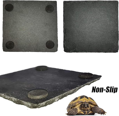 Reptile Basking Platform 2Pcs 9.8'' Large Tortoise Rock Plate Slate Feeding Platform Food Dish Bowl Turtle Bathing Rock Rest Terrace for Chameleon Lizard Bearded Dragon Gecko Snake Frog Newt (25CM) Tfwadmx