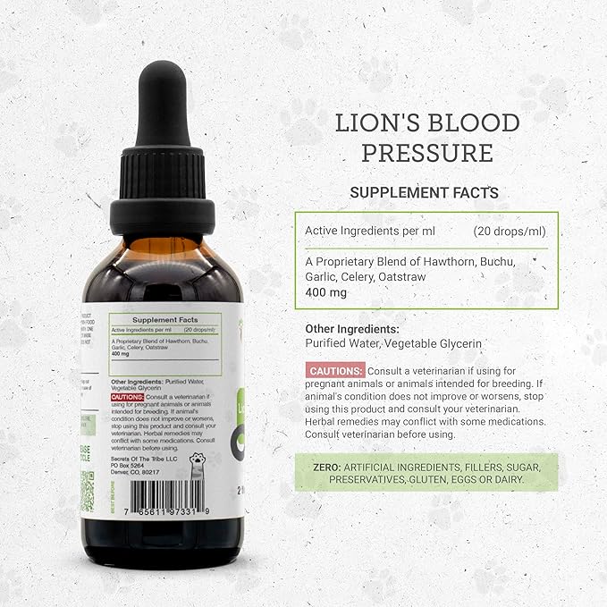 Lion's Blood Pressure | Natural Herbal Dietary Supplement for Cats | Healthy Blood Pressure Support in Cats | Alcohol-Free Extract, Hawthorn, Buchu, Garlic, Celery 2 oz SecretsOfTheTribe