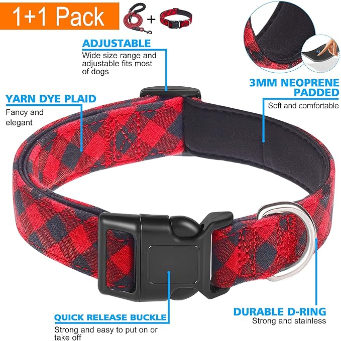Reflective Dog Collar Padded with Soft Neoprene Breathable Adjustable Nylon Dog Collars for Small Medium Large Dogs (X-Small (Pack of 1), Red Plaid Collar+Leash) ladoogo