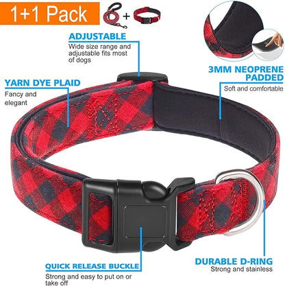 Reflective Dog Collar Padded with Soft Neoprene Breathable Adjustable Nylon Dog Collars for Small Medium Large Dogs (X-Small (Pack of 1), Red Plaid Collar+Leash) ladoogo