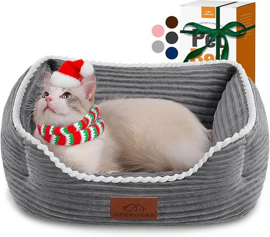 Cat Dog Bed for Pets, Rectangle Pet Bed Gift for Puppy and Kitten, Machine Washable Calming Fluffy Pet Couch Sofa for Indoor Outdoor, Portable Soft Cat Bed with Non-Slip Bottom (Small, Grey) - PAWPICO