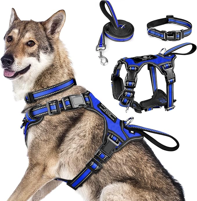 WINSEE Pet Harness Collar and Leash Set, All-in-one Reflective Dog Harness No Pull with Adjustable Buckles for Puppies, Small, Medium, Large, and Extra-Large Dogs (X-Large, Dark Blue) WINSEE