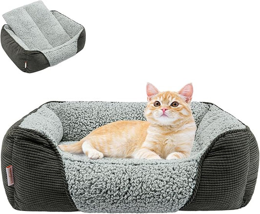 Miguel Washable Cat Beds for Indoor Cats with Removable Cushion, Easy to Wash Small Pet Sofa Bed with Side, Rectangle Bolster Kitten Bed Calming Cuddle Puppy Bed with Anti-Slip Bottom, Gray 20 Inch - PAWPICO