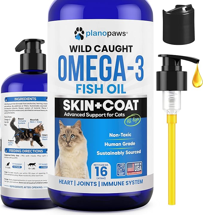 Omega 3 Fish Oil for Cats - Better Than Salmon Oil for Cats - Kitten + Cat Vitamins and Supplements - Cat Health Supplies - Cat Dandruff Treatment - Liquid Fish Oil for Pets - Cat Shedding Products planopaws