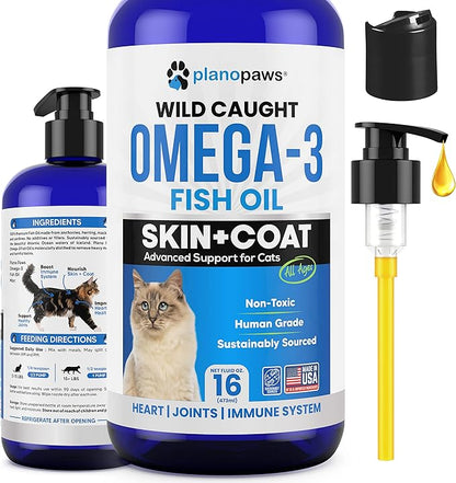 Omega 3 Fish Oil for Cats - Better Than Salmon Oil for Cats - Kitten + Cat Vitamins and Supplements - Cat Health Supplies - Cat Dandruff Treatment - Liquid Fish Oil for Pets - Cat Shedding Products planopaws