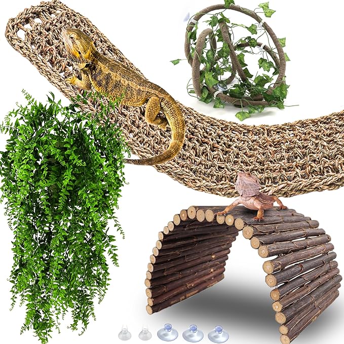HERCOCCI Bearded Dragon Tank Accessories, Large Reptile Bridge Hammock Flexible - Jungle Climbing Vines and Leaves with Suction Cups Habitat Décor for Hiding& Climbing Snake Gecko Lizard Chameleon HERCOCCI