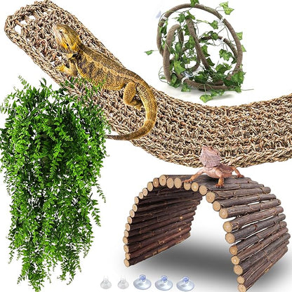 HERCOCCI Bearded Dragon Tank Accessories, Large Reptile Bridge Hammock Flexible - Jungle Climbing Vines and Leaves with Suction Cups Habitat Décor for Hiding& Climbing Snake Gecko Lizard Chameleon HERCOCCI