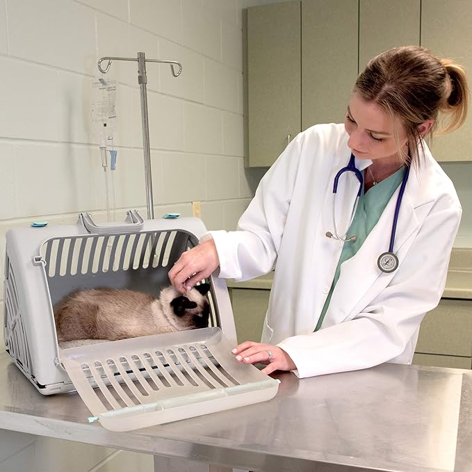 SportPet Designs Sport Pet Foldable Travel Cat Carrier with A Waterproof Bed - Front Door Plastic Collapsible Carrier, Gray (CM-10064-CS01) - PAWPICO