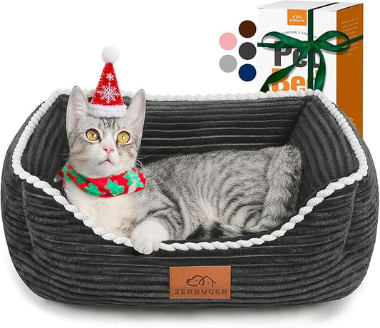 Cat Dog Bed for Pets, Rectangle Pet Bed Gift for Puppy and Kitten, Machine Washable Calming Fluffy Pet Couch Sofa for Indoor Outdoor, Portable Soft Cat Bed with Non-Slip Bottom (Small, Dark Grey) - PAWPICO