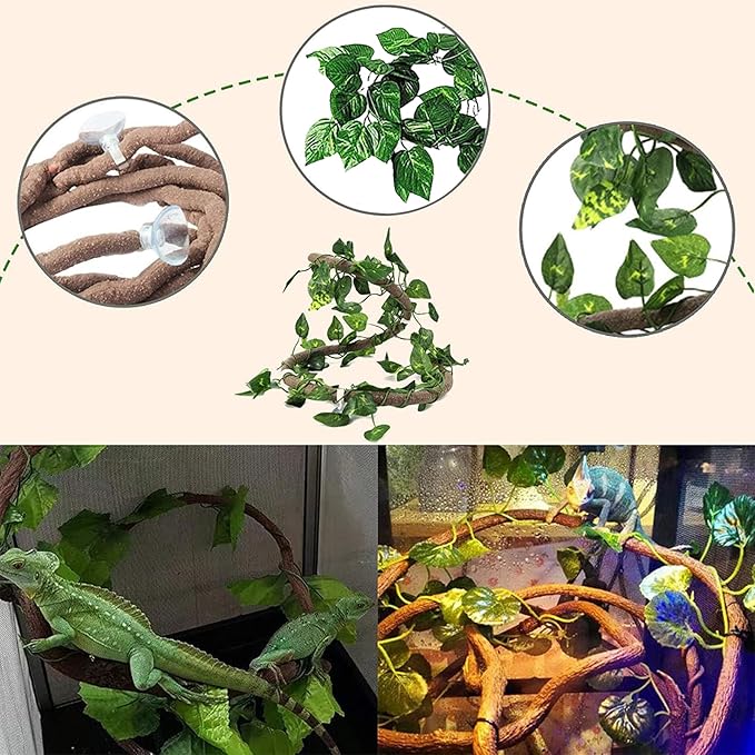 5 PCS Tank Accessories for Bearded Dragon Include Resin Classical Castle Reptile Climb Habitat Decor Hanging Jungle Vines Flexible Leaves Climbing Decor for Lizard Gecko Chameleon Spider MUYG